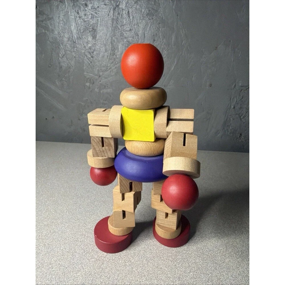Vintage 7 inch Wooden Toy Pre-Transformer Posable Block Figure